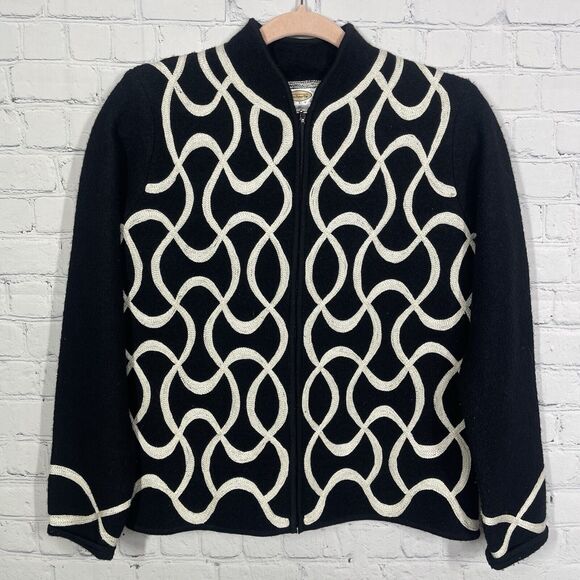 Talbots Wool Jacket Women Size PM Black Ivory Brading Zip Long Sleeve Preppy - Picture 1 of 12